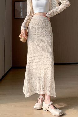 Lace Knitted Stretchy Pencil Skirt for Women - Slimming Bodycon Design with Ruffled Mermaid Hem, Perfect for Y2K and Chic Styles