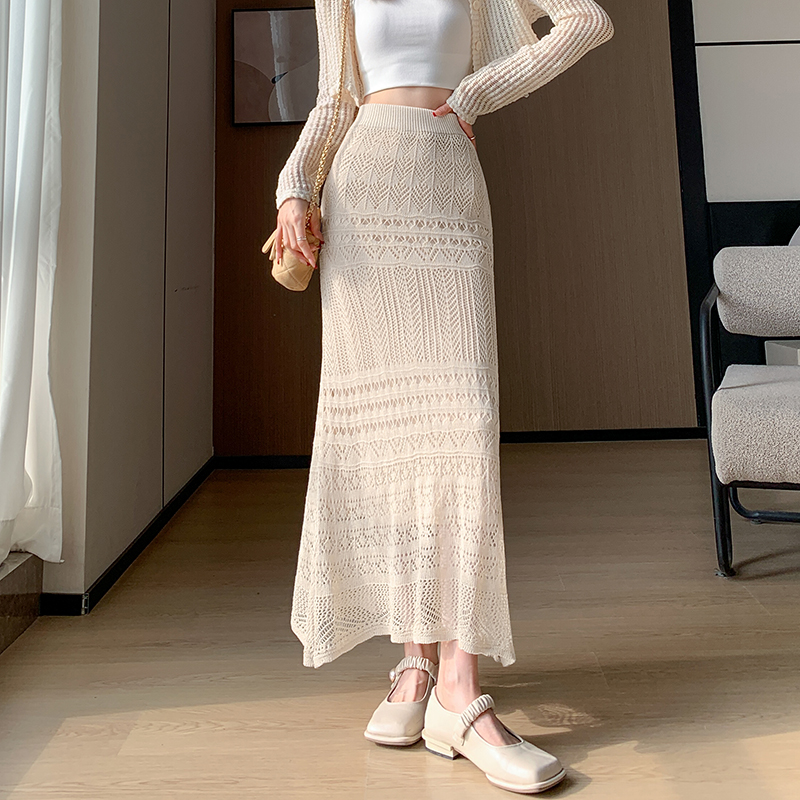 Lace Knitted Stretchy Pencil Skirt for Women - Slimming Bodycon Design with Ruffled Mermaid Hem, Perfect for Y2K and Chic Styles Lace Knitted Stretchy Pencil Skirt for Women - Slimming Bodycon Design with Ruffled Mermaid Hem, Perfect for Y2K and Chic Styles