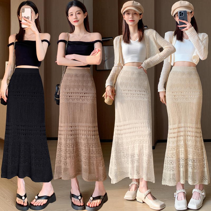 Lace Knitted Stretchy Pencil Skirt for Women - Slimming Bodycon Design with Ruffled Mermaid Hem, Perfect for Y2K and Chic Styles Lace Knitted Stretchy Pencil Skirt for Women - Slimming Bodycon Design with Ruffled Mermaid Hem, Perfect for Y2K and Chic Styles