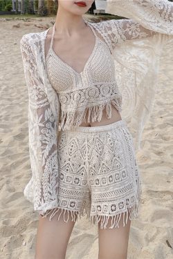 Lace Long-Sleeve Sun Protection Cardigan Set with Strapless Camisole and Shorts - Perfect for Seaside Vacation Style