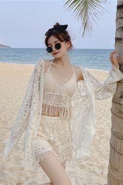 Lace Long-Sleeve Sun Protection Cardigan Set with Strapless Camisole and Shorts - Perfect for Seaside Vacation Style