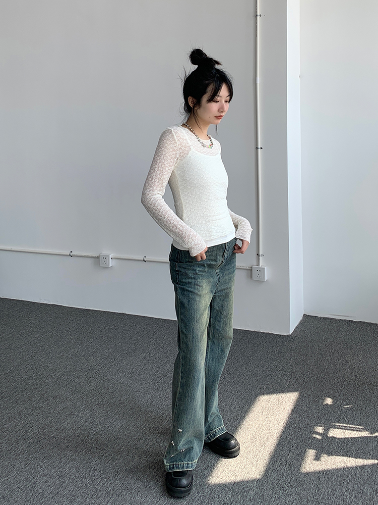 Lace Mesh Long Sleeve Versatile Layering Tee - Trendy Base Shirt for 90s and Y2K Fashion Styles Lace Mesh Long Sleeve Versatile Layering Tee - Trendy Base Shirt for 90s and Y2K Fashion Styles