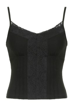 Lace Patchwork Waist-Cinching Bustier Tank Top for Women - Vintage Slim Fit, Solid Color, Short Spaghetti Straps, Y2K Style