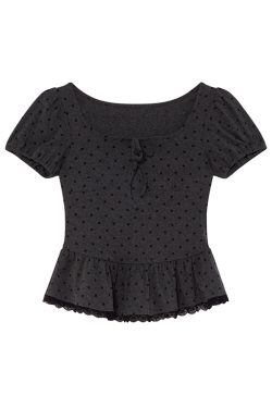 Lace Pleated Polka Dot Short Sleeve Shirt for Women - Elegant Slimming Waist Top, New Summer Style, Y2K Fashion