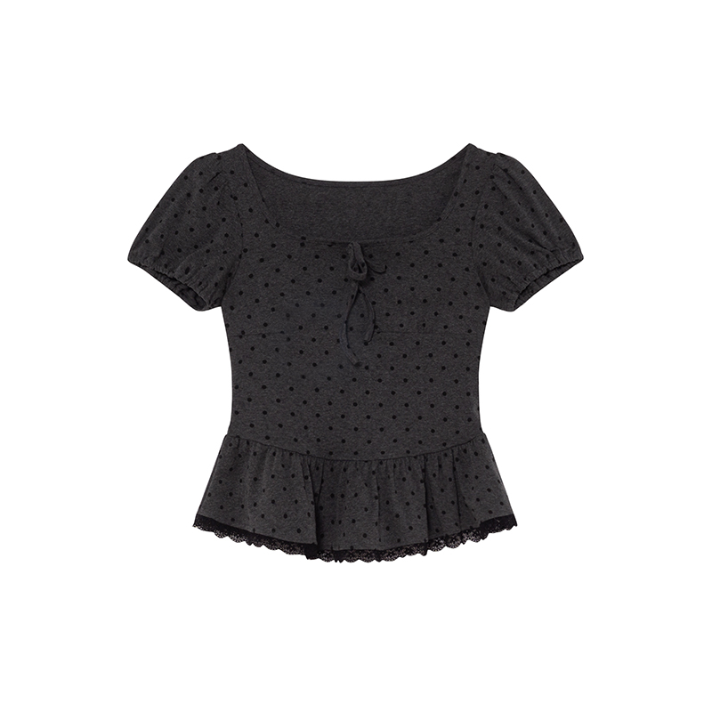 Lace Pleated Polka Dot Short Sleeve Shirt for Women - Elegant Slimming Waist Top, New Summer Style, Y2K Fashion Lace Pleated Polka Dot Short Sleeve Shirt for Women - Elegant Slimming Waist Top, New Summer Style, Y2K Fashion