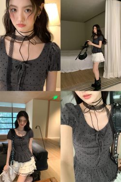 Lace Pleated Polka Dot Short Sleeve Shirt for Women - Elegant Slimming Waist Top, New Summer Style, Y2K Fashion