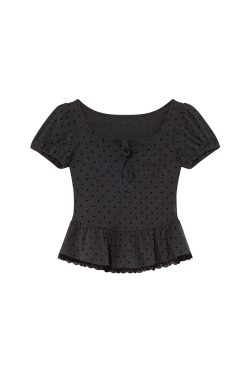 Lace Pleated Polka Dot Short Sleeve Shirt for Women - Elegant Slimming Waist Top, New Summer Style, Y2K Fashion