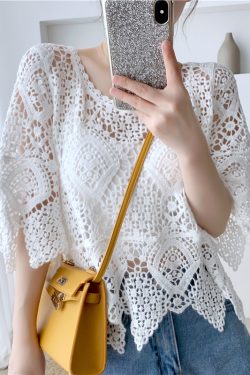 Lace Short-Sleeve Shawl Cover-Up Top for Women, Crochet Hollow-Out Blouse, Stylish Summer Knit Top with Skirt