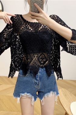 Lace Short-Sleeve Shawl Cover-Up Top for Women, Crochet Hollow-Out Blouse, Stylish Summer Knit Top with Skirt