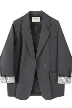 Lace Spliced Suit Jacket for Women - Spring 2025 Gray Blazer, Trendy 90s-Inspired Style for a Chic Look