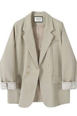 Lace Spliced Suit Jacket for Women - Spring 2025 Gray Blazer, Trendy 90s-Inspired Style for a Chic Look