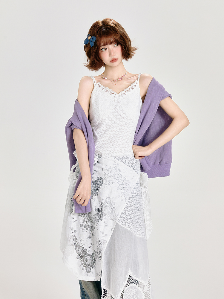 Lace Spliced White Camisole Dress with Layered Design and Matching Mid-Length Skirt - Girly Style, Perfect for Summer Events Lace Spliced White Camisole Dress with Layered Design and Matching Mid-Length Skirt - Girly Style, Perfect for Summer Events