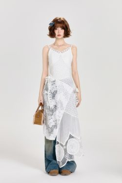 Lace Spliced White Camisole Dress with Layered Design and Matching Mid-Length Skirt - Girly Style, Perfect for Summer Events