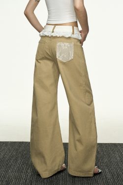 Lace Splicing Color-Blocking High-Waisted Casual Pants for Women - Summer Loose Slim Straight-Leg Versatile Wide-Leg Trousers