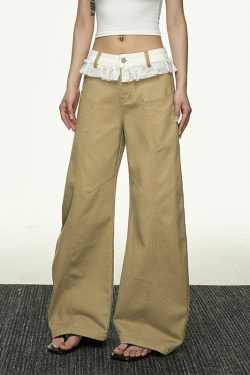 Lace Splicing Color-Blocking High-Waisted Casual Pants for Women - Summer Loose Slim Straight-Leg Versatile Wide-Leg Trousers