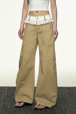 Lace Splicing Color-Blocking High-Waisted Casual Pants for Women - Summer Loose Slim Straight-Leg Versatile Wide-Leg Trousers