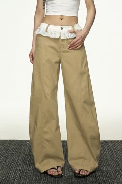 Lace Splicing Color-Blocking High-Waisted Casual Pants for Women - Summer Loose Slim Straight-Leg Versatile Wide-Leg Trousers