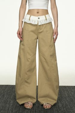 Lace Splicing Color-Blocking High-Waisted Casual Pants for Women - Summer Loose Slim Straight-Leg Versatile Wide-Leg Trousers