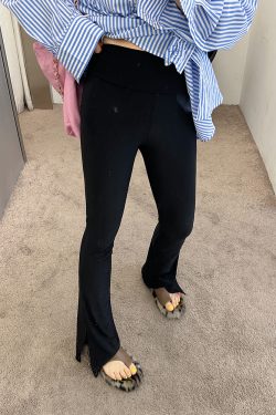 Lace Splicing High-Waisted Split Black Flared Pants for Women, Plus Size, Spring Summer Casual Fashion