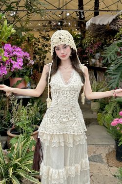 Lace Strap Knitted Hollow Vest Cover-Up with High-Waisted Lace Cake Skirt for Layering - Y2K Style Outerwear