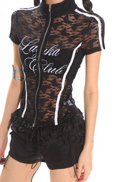 Lace Striped Zipper Short Sleeve Cardigan - Summer Ballet Style Slim Fit Top for Women - Trendy Y2K Fashion Outerwear