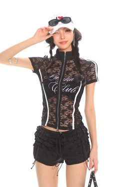 Lace Striped Zipper Short Sleeve Cardigan - Summer Ballet Style Slim Fit Top for Women - Trendy Y2K Fashion Outerwear