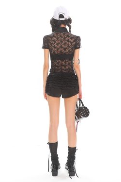 Lace Striped Zipper Short Sleeve Cardigan - Summer Ballet Style Slim Fit Top for Women - Trendy Y2K Fashion Outerwear