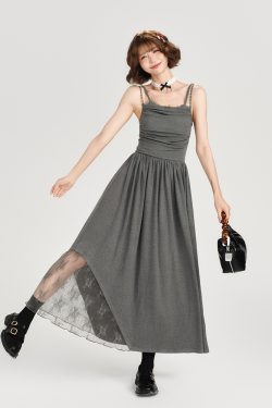 Lace-Trimmed Spicy Girl Camisole Dress for Women - Pleated Splicing, Slim-Fit, Mid-Length Summer Fashion in American Style