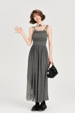 Lace-Trimmed Spicy Girl Camisole Dress for Women - Pleated Splicing, Slim-Fit, Mid-Length Summer Fashion in American Style