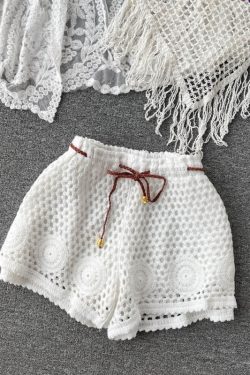 Lace-Up Beach Cardigan Cover-Up Set with Knitted Fringe, Sun Protection Swimsuit & Camisole Shorts for Vacation