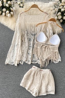 Lace-Up Beach Cardigan Cover-Up Set with Knitted Fringe, Sun Protection Swimsuit & Camisole Shorts for Vacation