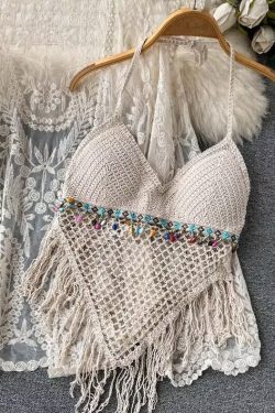 Lace-Up Beach Cardigan Cover-Up Set with Knitted Fringe, Sun Protection Swimsuit & Camisole Shorts for Vacation