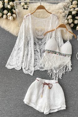Lace-Up Beach Cardigan Cover-Up Set with Knitted Fringe, Sun Protection Swimsuit & Camisole Shorts for Vacation