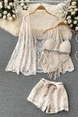 Lace-Up Beach Cardigan Cover-Up Set with Knitted Fringe, Sun Protection Swimsuit & Camisole Shorts for Vacation