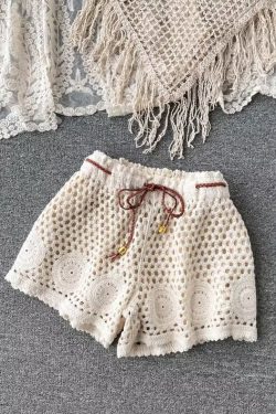 Lace-Up Beach Cardigan Cover-Up Set with Knitted Fringe, Sun Protection Swimsuit & Camisole Shorts for Vacation