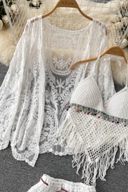 Lace-Up Beach Cardigan Cover-Up Set with Knitted Fringe, Sun Protection Swimsuit & Camisole Shorts for Vacation