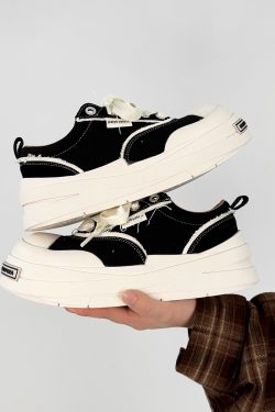 Lace-Up Canvas Shoes for Men and Women, Thick-Soled Height-Increasing Retro Sneakers, Niche National Trend Black Couple Shoes
