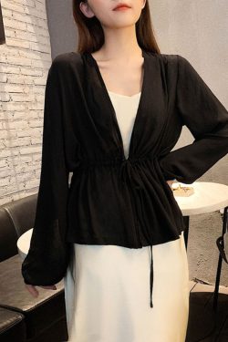 Lace-Up Lantern Sleeve Cardigan - Women's Chiffon Outerwear, V-Neck, Waist-Cinching Design for Spring/Summer 2025, Trendy Fashion Top