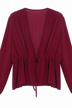 Lace-Up Lantern Sleeve Cardigan - Women's Chiffon Outerwear, V-Neck, Waist-Cinching Design for Spring/Summer 2025, Trendy Fashion Top