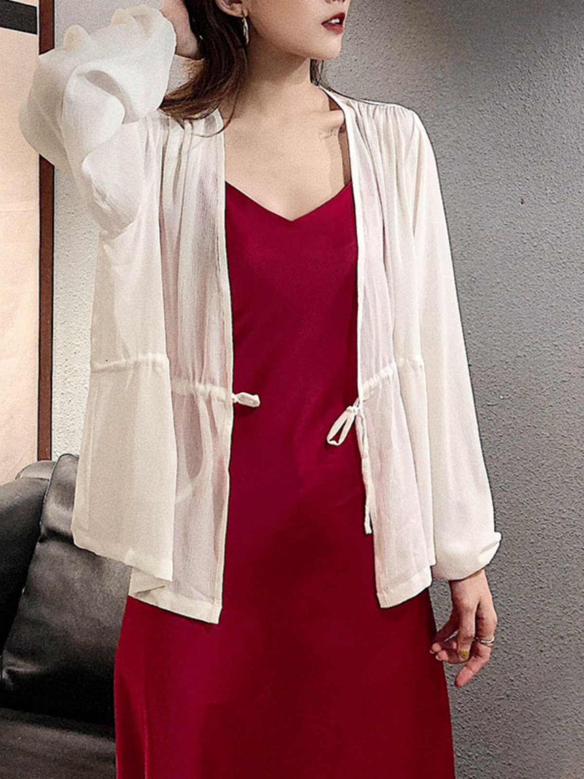 Lace-Up Lantern Sleeve Cardigan - Women's Chiffon Outerwear, V-Neck, Waist-Cinching Design for Spring/Summer 2025, Trendy Fashion Top Lace-Up Lantern Sleeve Cardigan - Women's Chiffon Outerwear, V-Neck, Waist-Cinching Design for Spring/Summer 2025, Trendy Fashion Top