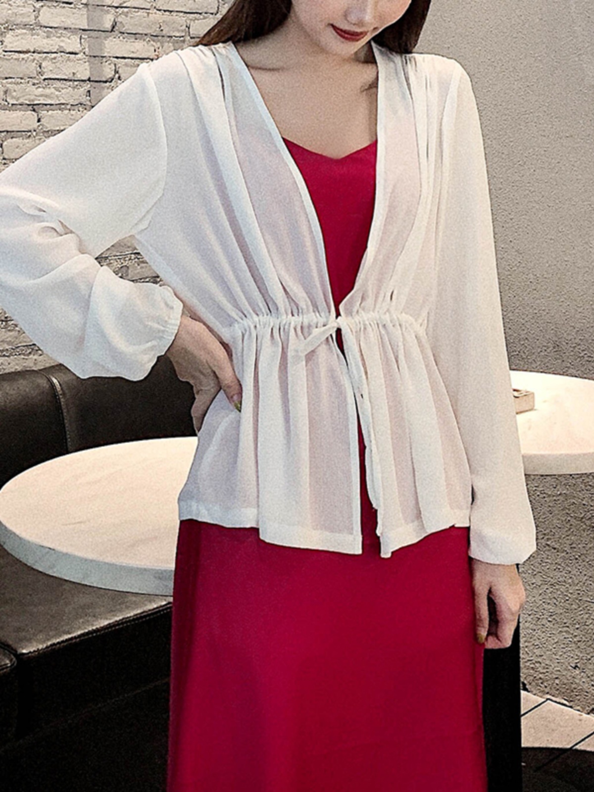 Lace-Up Lantern Sleeve Cardigan - Women's Chiffon Outerwear, V-Neck, Waist-Cinching Design for Spring/Summer 2025, Trendy Fashion Top Lace-Up Lantern Sleeve Cardigan - Women's Chiffon Outerwear, V-Neck, Waist-Cinching Design for Spring/Summer 2025, Trendy Fashion Top