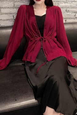 Lace-Up Lantern Sleeve Cardigan - Women's Chiffon Outerwear, V-Neck, Waist-Cinching Design for Spring/Summer 2025, Trendy Fashion Top