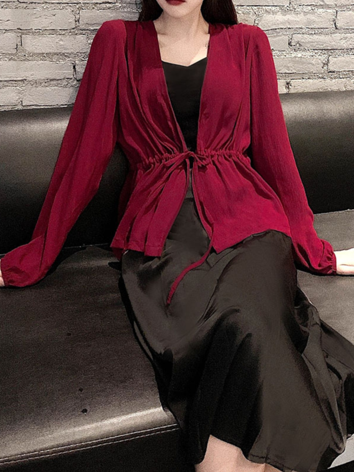 Lace-Up Lantern Sleeve Cardigan - Women's Chiffon Outerwear, V-Neck, Waist-Cinching Design for Spring/Summer 2025, Trendy Fashion Top Lace-Up Lantern Sleeve Cardigan - Women's Chiffon Outerwear, V-Neck, Waist-Cinching Design for Spring/Summer 2025, Trendy Fashion Top