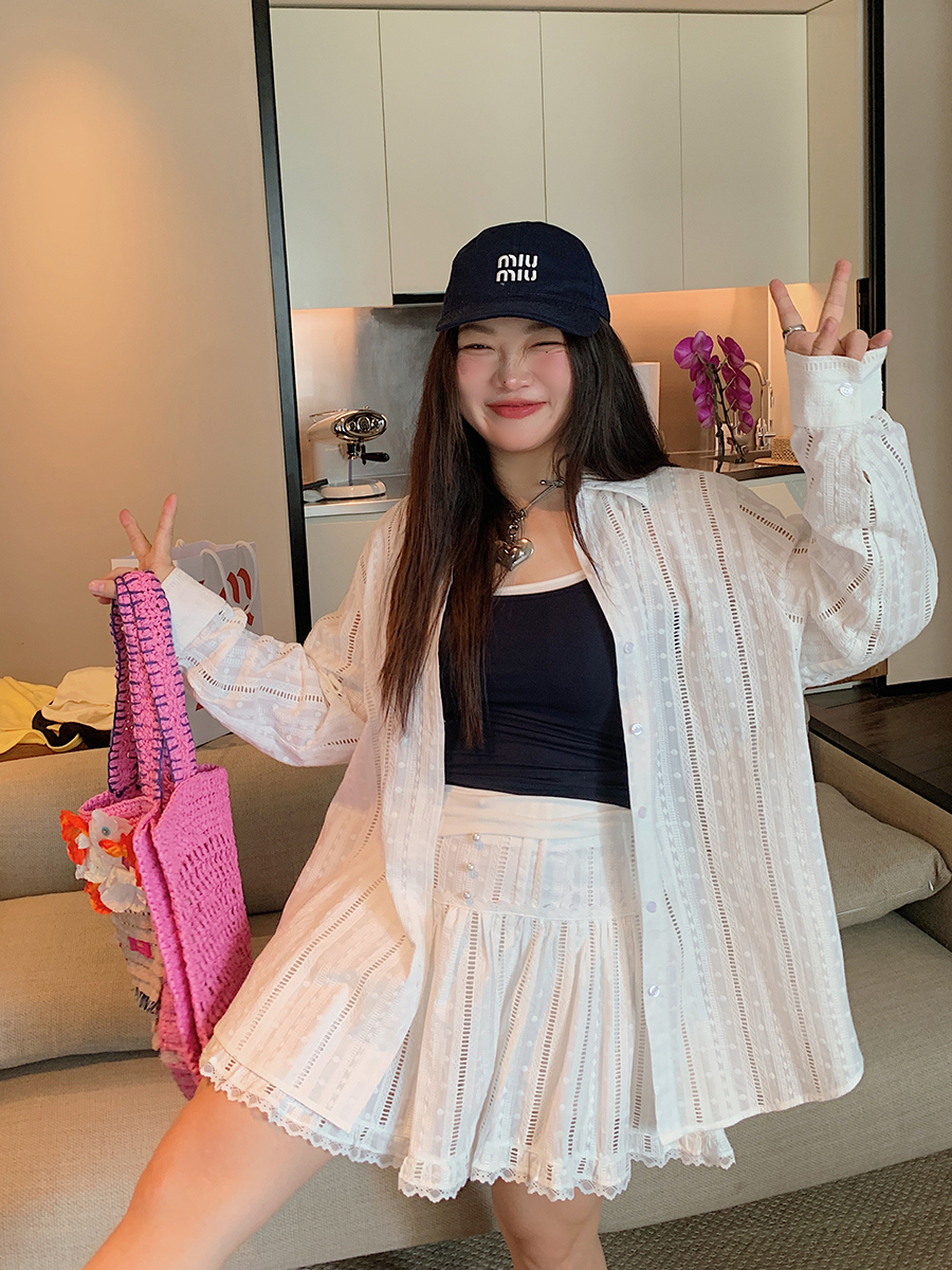 Lace-Up Shirt and Skirt Women's Set - Plus Size Summer 2025 Two-Piece Outfit in Trendy Korean Style Lace-Up Shirt and Skirt Women's Set - Plus Size Summer 2025 Two-Piece Outfit in Trendy Korean Style