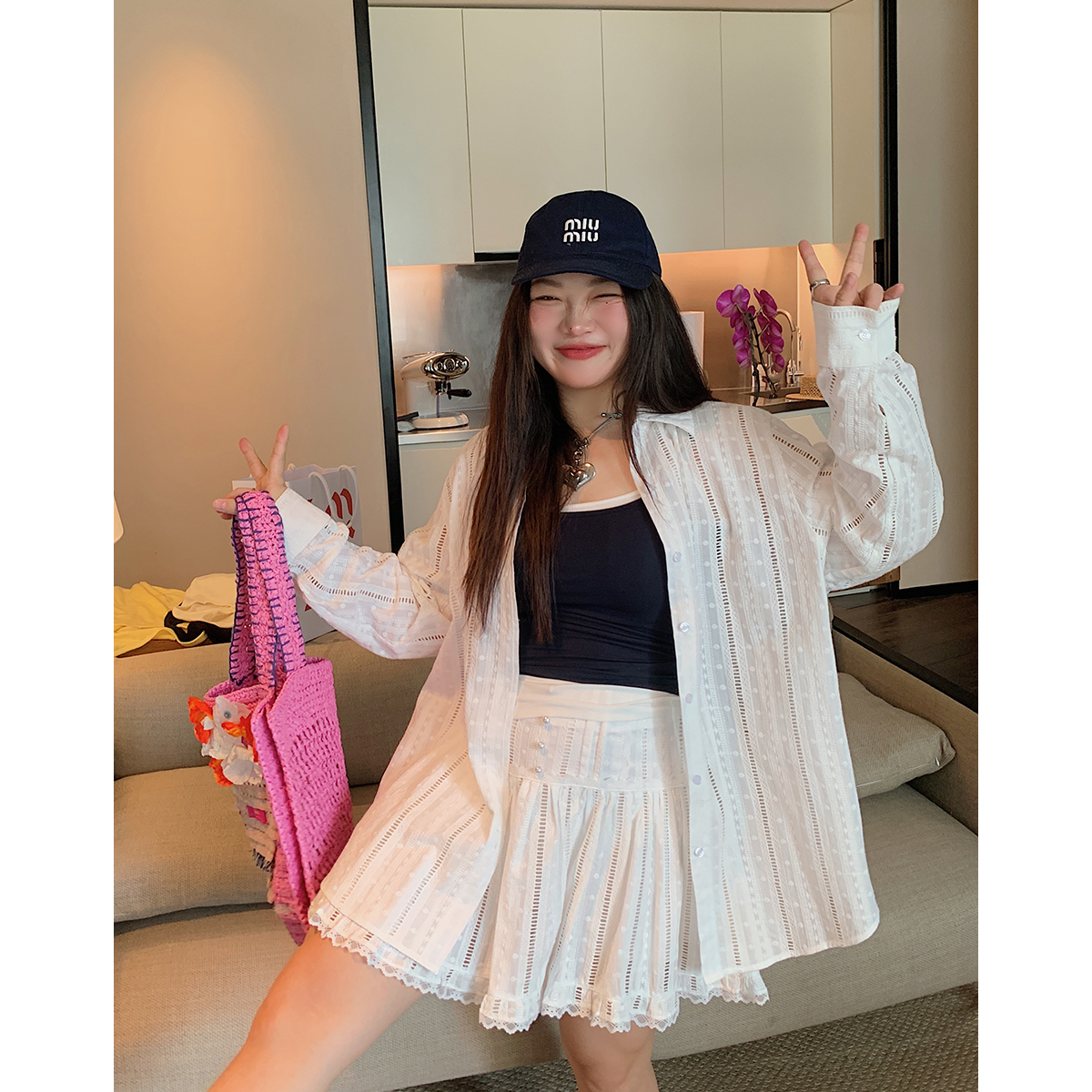 Lace-Up Shirt and Skirt Women's Set - Plus Size Summer 2025 Two-Piece Outfit in Trendy Korean Style Lace-Up Shirt and Skirt Women's Set - Plus Size Summer 2025 Two-Piece Outfit in Trendy Korean Style