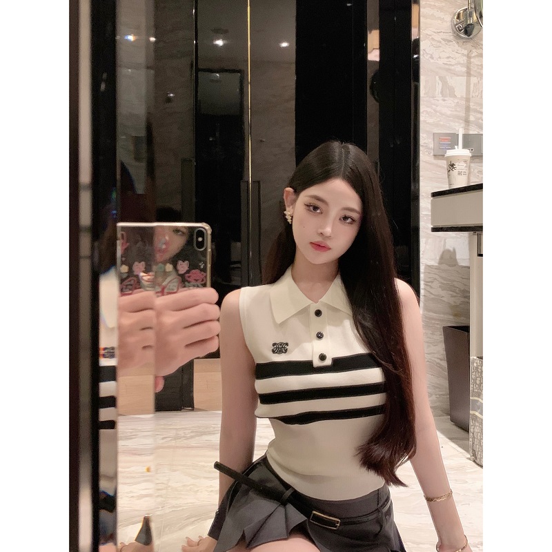 Lapel Ice Silk Knitted Polo Shirt for Women - Elegant Summer Vest Top in Small Fragrant Wind - College Style Fashion Lapel Ice Silk Knitted Polo Shirt for Women - Elegant Summer Vest Top in Small Fragrant Wind - College Style Fashion