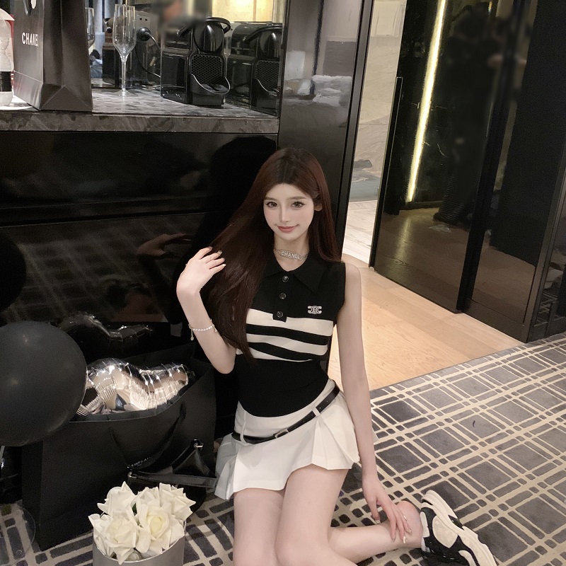 Lapel Ice Silk Knitted Polo Shirt for Women - Elegant Summer Vest Top in Small Fragrant Wind - College Style Fashion Lapel Ice Silk Knitted Polo Shirt for Women - Elegant Summer Vest Top in Small Fragrant Wind - College Style Fashion