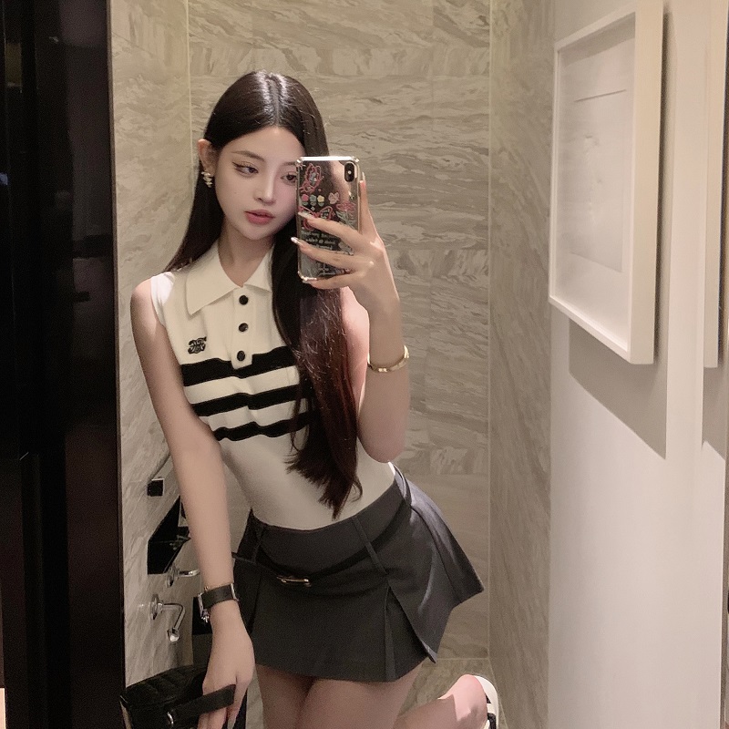 Lapel Ice Silk Knitted Polo Shirt for Women - Elegant Summer Vest Top in Small Fragrant Wind - College Style Fashion Lapel Ice Silk Knitted Polo Shirt for Women - Elegant Summer Vest Top in Small Fragrant Wind - College Style Fashion