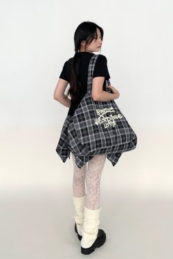 Large Capacity Black and White Checkered Graffiti Text Beach Shoulder Tote Bag - Trendy Y2K Style