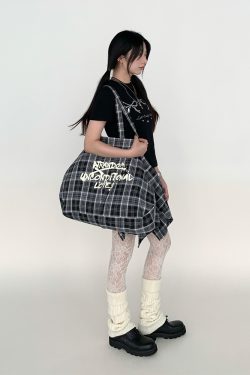 Large Capacity Black and White Checkered Graffiti Text Beach Shoulder Tote Bag - Trendy Y2K Style
